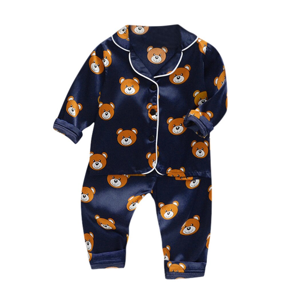 Toddler Sleepwear Outfits Boy Winter Long Sleeve Cartoon Bear Tops+Pants Pajamas Keep Warm Turn-down Collar Single Breasted D27#: NY / 12-18 Months