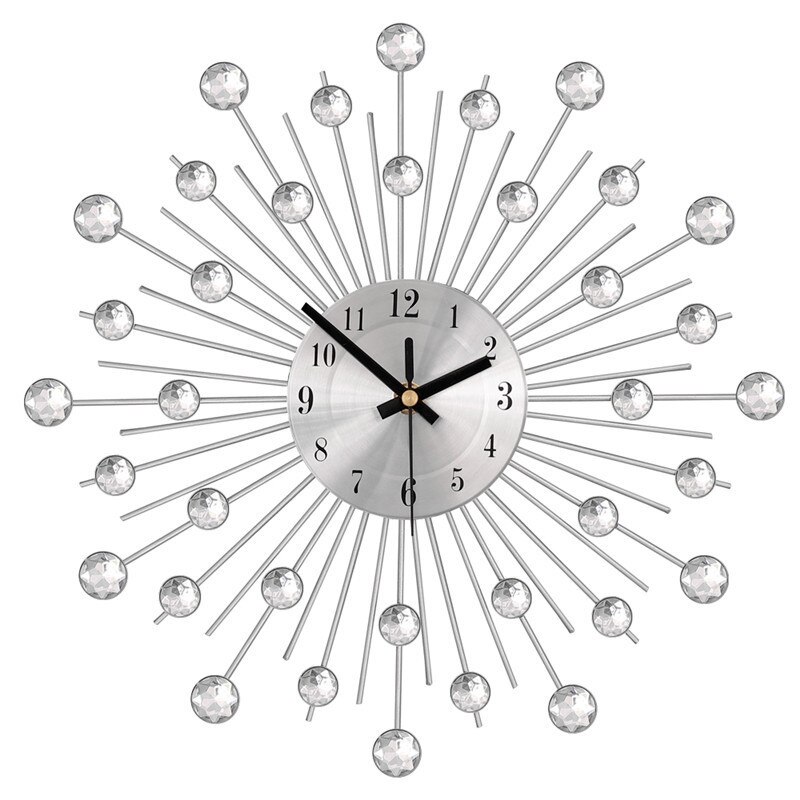 Horloge murale Vintage en métal et cristal, grand format, 33cm, décoration artistique pour la maison, miroir, soleil, argent: Default Title