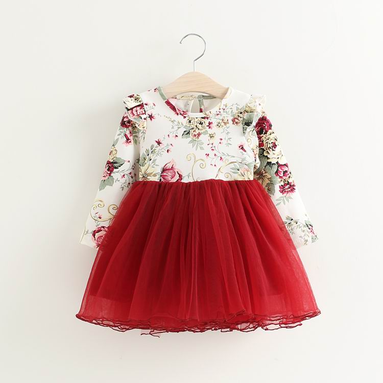 Pigekjole blomstret julekjole pige langærmet fluffy tutu prinsessekjole børnetøj  e504779
