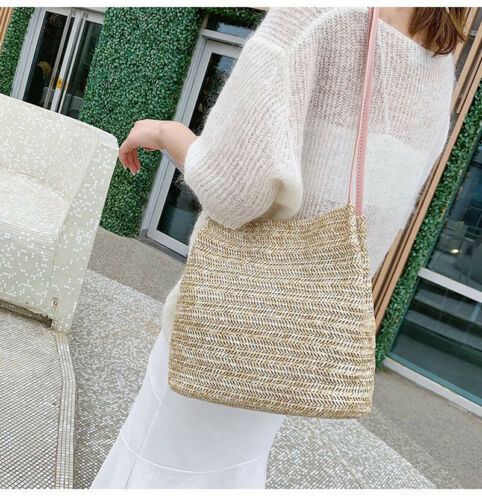 Women Crossbody Shoulder Bag Knitted Straw Messenger Satchel Handbag Bucket Bag