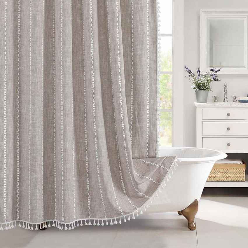 Jacquard-Leinen-Duschvorhang mit Quasten, nordische wasserdichte dicke Badvorhänge für Badezimmer, Badewanne, Badeabdeckung mit Haken