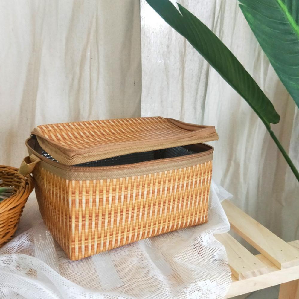 Portable Lunch Bag Wicker Rattan Outdoor Waterproof Tableware Insulated Thermal Cooler Food Container Basket Camping Picnic