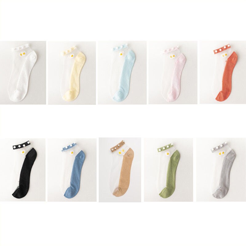 AECU 5 Pair Breathable Ankle Socks Pearl Summer Women Transparent Lace Silk Flower Cute Girls Elastic Short Socks Female Sox