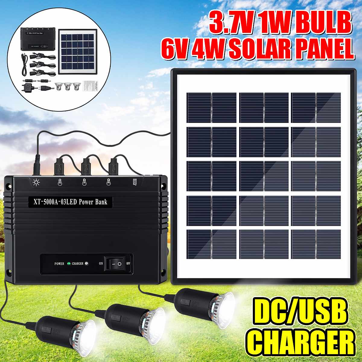 Smuxi 3 stk 1w solcellelampe led havelys udendørs lampe solaire  + 6v 4w solpanel  + 5000 mah dc powerbank til udendørs camping