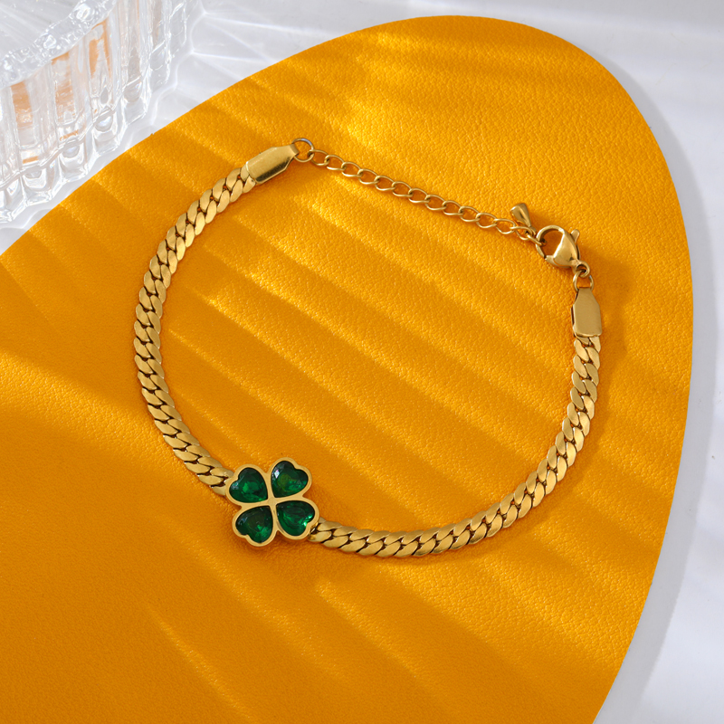 GANEMLY 316L Rvs Groene Kristal Klaver Armband Voor Vrouwen Mode Pols Ketting Waterdichte Sieraden Bijoux