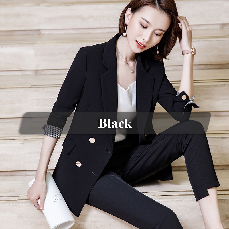 Lenshin Double boutonnage contraste manches Blazer en vrac haute-rue décontracté Style veste bureau dame manteau usure: Black jacket / XL