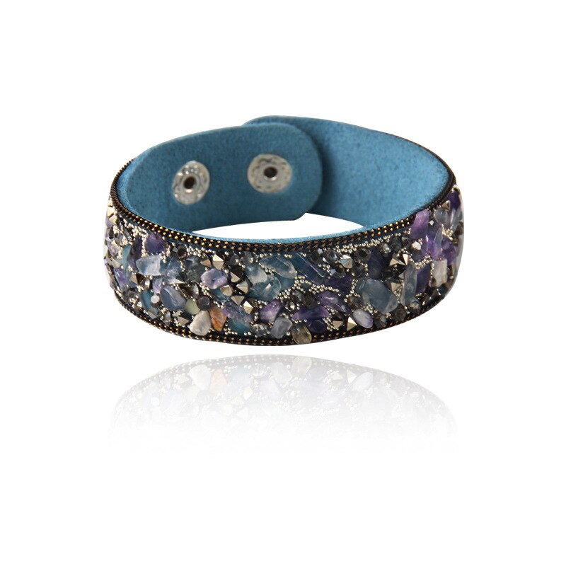 Pulsera de cuero con incrustaciones exageradas para mujer, brazalete con piedras naturales rotas de colores, joyería Unisex: blue