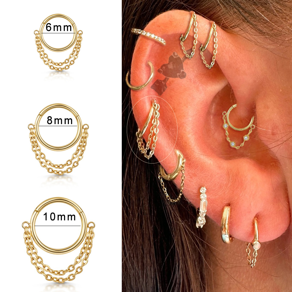 1Pc Roestvrij Staal Eenvoudige Septum Piercing Neus Ringen Vrouwen Oorringen Met Ketting Goud Kleur Tragus Toren Oor Piercing Sieraden: WHITE / Goud-kleur