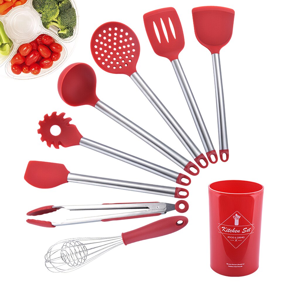 8 Uds juego de utensilios de cocina rojos aparatos cocina silicona espátula de madera con caja de soporte conjunto de herramientas de cocina