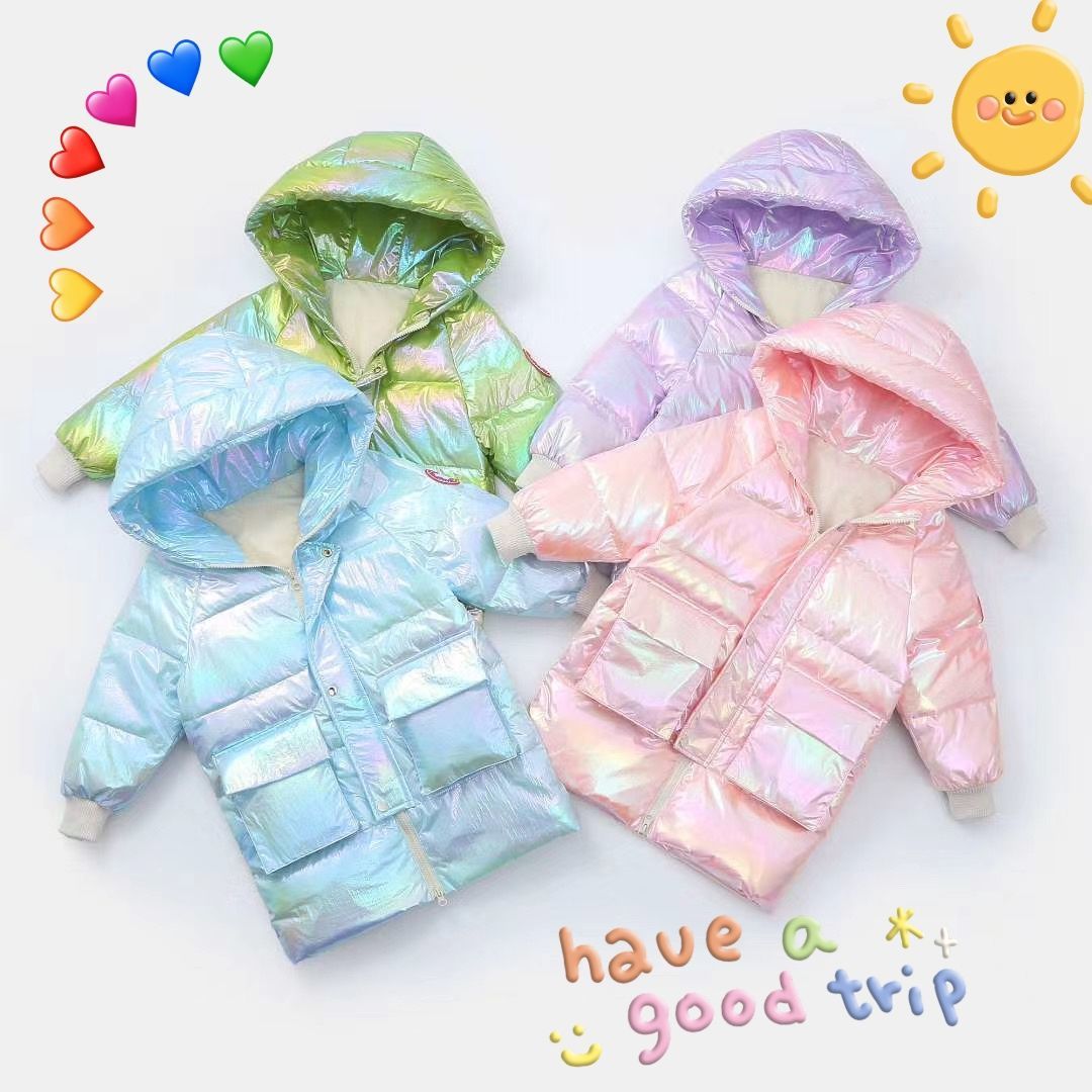 Doudoune mi-longue arc-en-ciel colorée en duvet de canard blanc pour enfant, parka à capuche pour bébé, manteau d'hiver pour petite fille