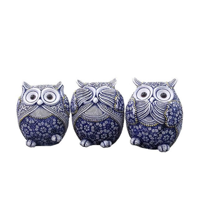 3 Owl Figurines Decor See No Evil Hear No Evil Speak No Evil Cute Owl Statue Crafted Animal Sculpture Ornament for Home Office T: W4397-Blue