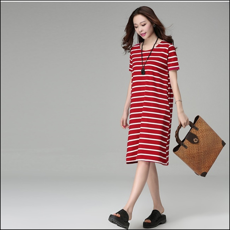 Korean Version Knitted Fat Plus-size Women's Summer Fat MM Stripes Long Thin Cotton ZZ011 S