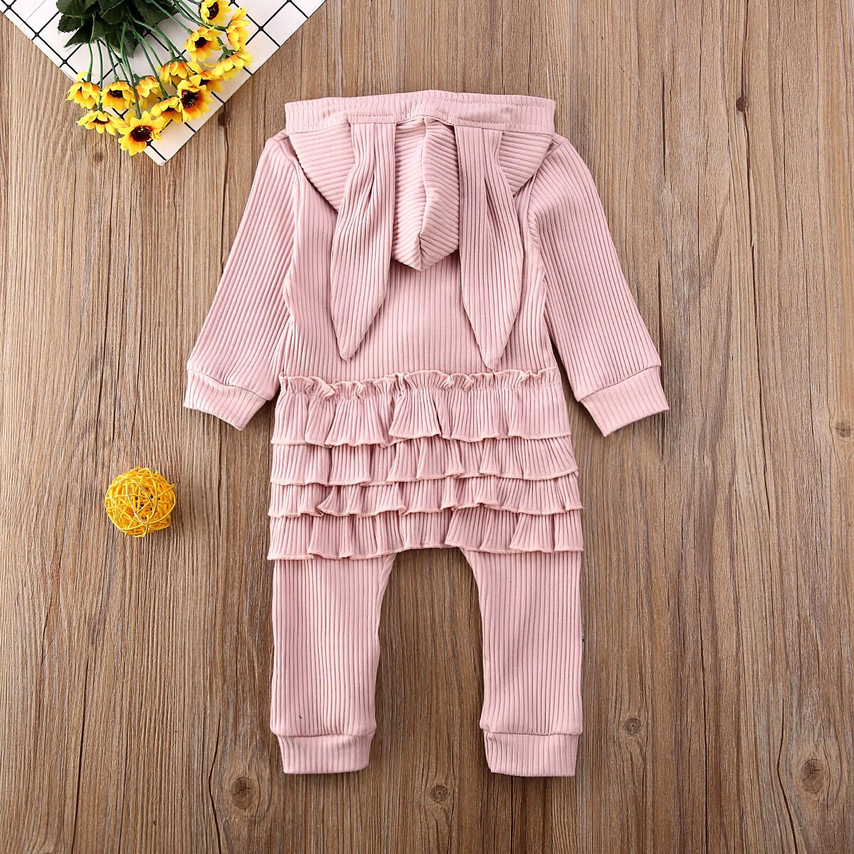 Schattige Kinderen Baby Meisje Jongen Lange Mouw Gebreide Ruches Romper Spirng Effen 3D Oren Capuchon Rits Jumpsuit Overall kleding