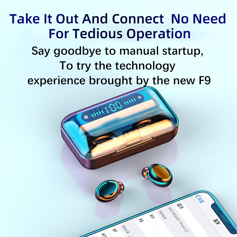 Draadloze Oordopjes Bluetooth Hoofdtelefoon F9 Waterdichte Deep Bass Koptelefoon Met Portable Power Banken Met Mic Headset Led Display