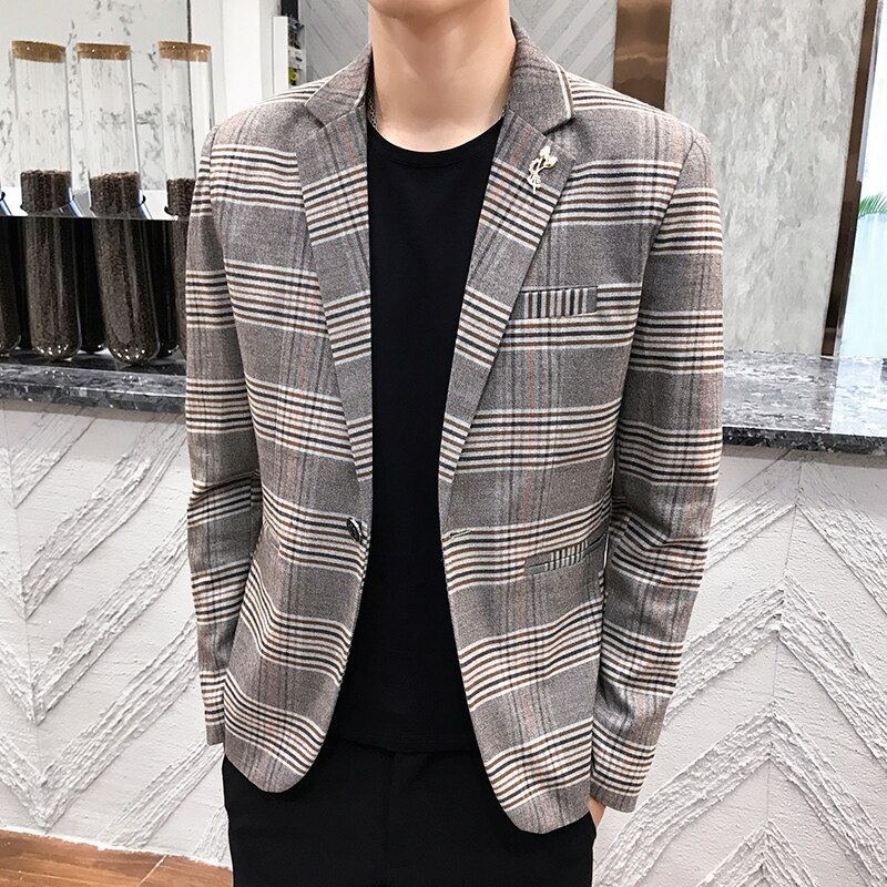 Heren herfst slank pak blazer geruite print eenvoudig temperament britse stijl zakelijk casual jurk jas jas