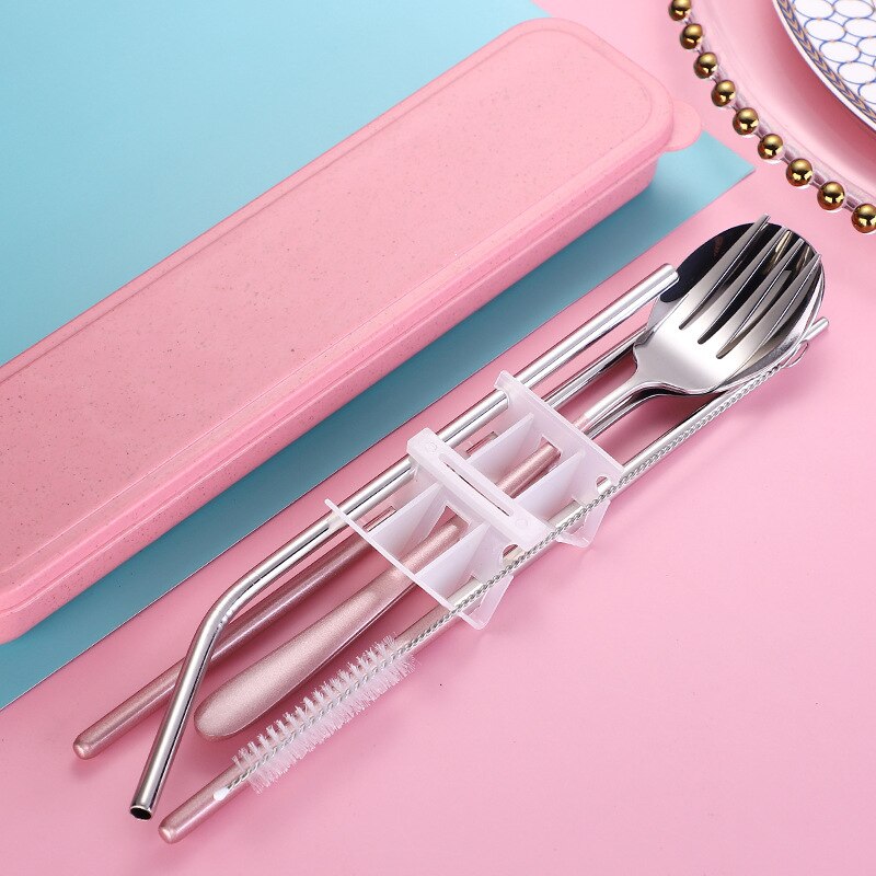 Servies Set Roestvrij Stalen Bestek Set Vork Lepel Eetstokjes Stro Servies Voor Keuken Chinese Servies Met Geschenkdoos: Pink silver Cutlery