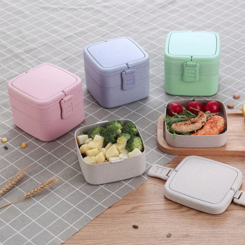 Eco-Stro Vierkante Dubbele Lagen Lunchbox Met Stro Lepel Magnetron Lunchbox Containers Lunch Opbergdoos