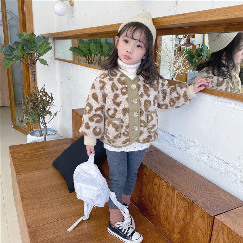 Vinterjacka för barn i koreansk stil leopardmönster förtjockad matchande pälsjacka för coola flickbebisar