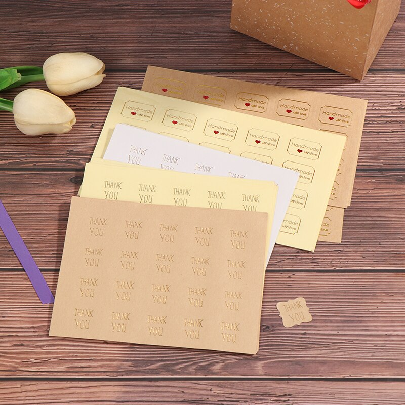 5 vellen = 100 stuks/partij bedankt en met liefde gemaakt, verklaring brief polygoon kraftpapier zelfklevende stickers verpakkingsetiket