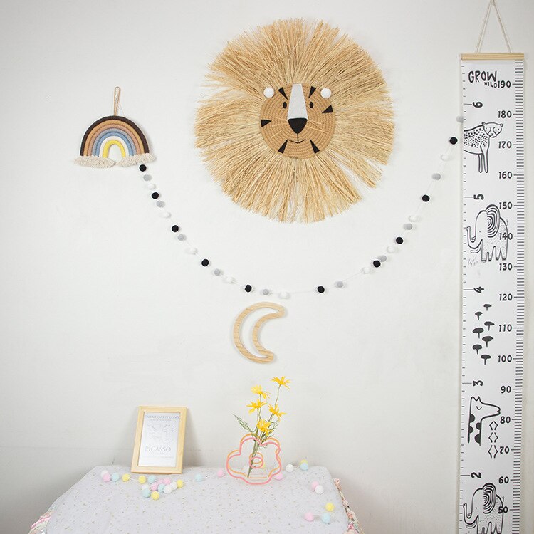 Kids Room Decor Animal Head Wall Decor Hand Woven Cartoon Lion Kindergarten Nursery Hanging Decorations Cotton Thread Weaving