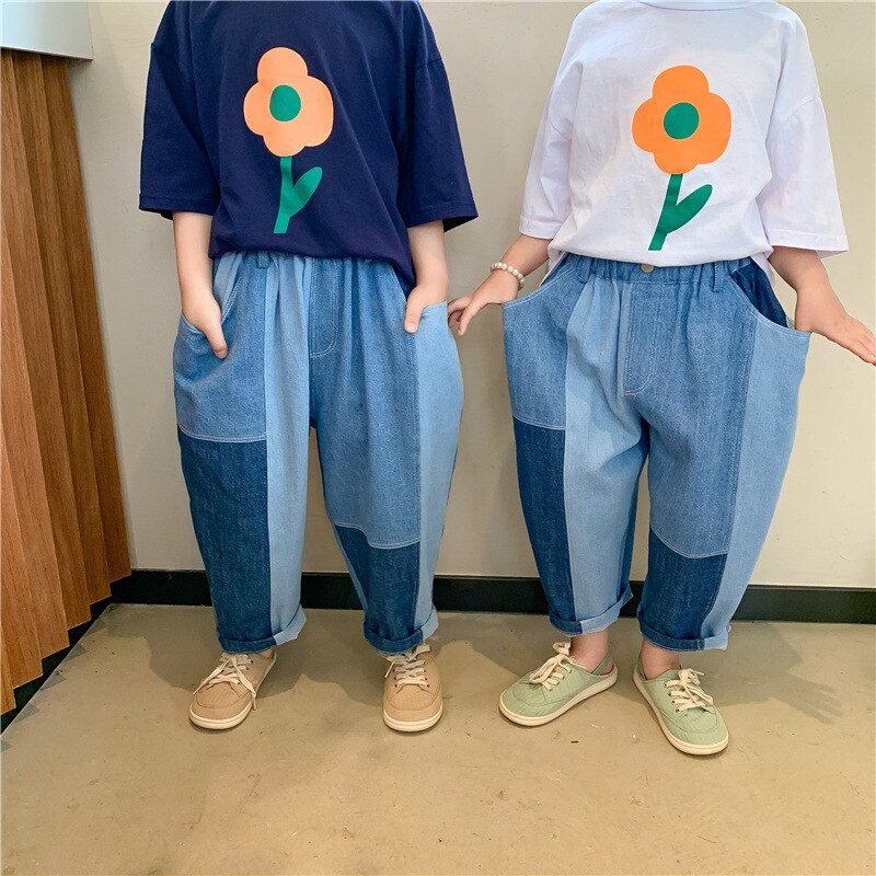 Ragazzi e ragazze jeans patchwork allentati stile coreano 2021 estate bambini pantaloni casual in denim sottile vestiti fratello e sorella