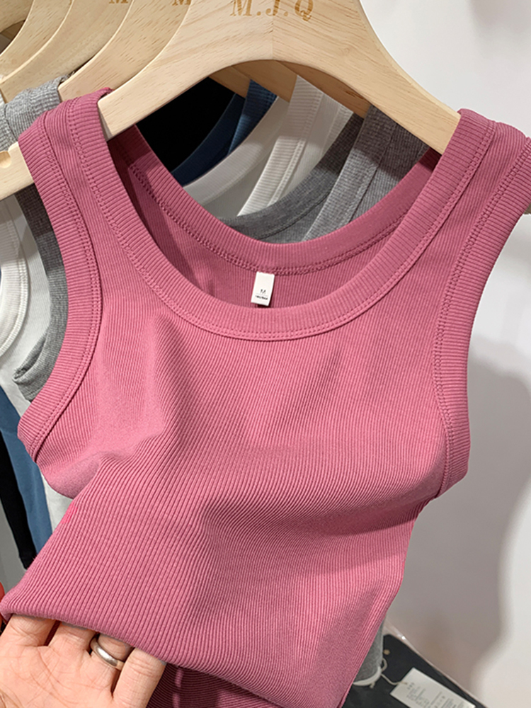 Sommer kvinder ærmeløse tanktoppe crop top o-hals fitness strikket ribbet vest dame ensfarvet camis cropped streetwear: S / Lyserød