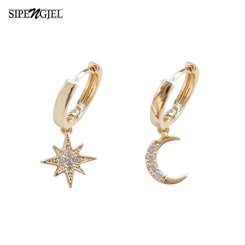 Lille trendy cubic zirconia moon star drop øreringe rose guld runde asymmetriske hoop øreringe til kvinder smykker aros mujer