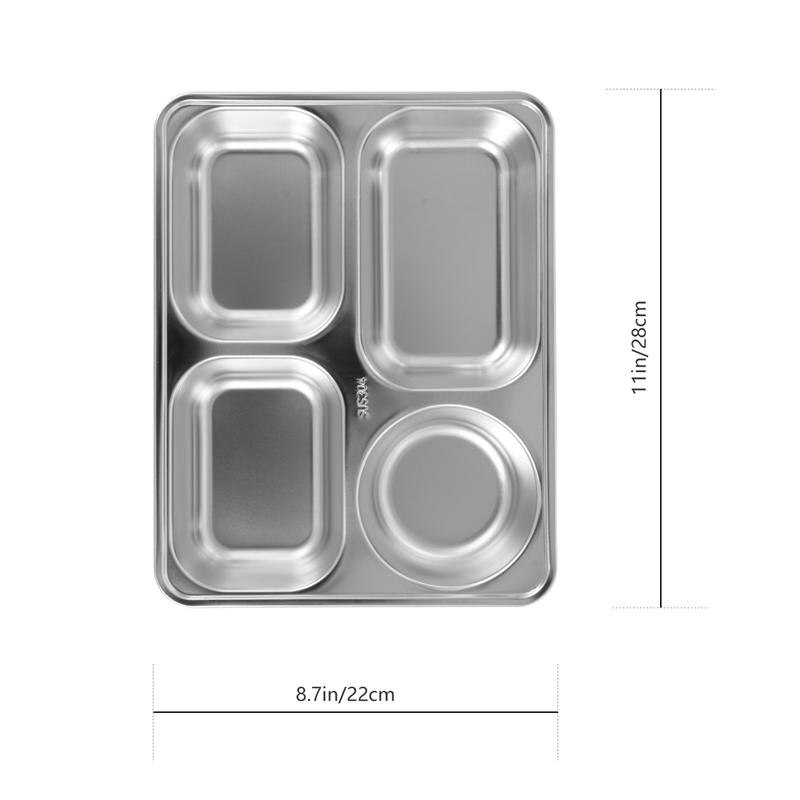 4 Section Stainless Steel Divided Dinner Tray Square Thickened Lunch Container Fruit Snack Food Plate For School Canteen