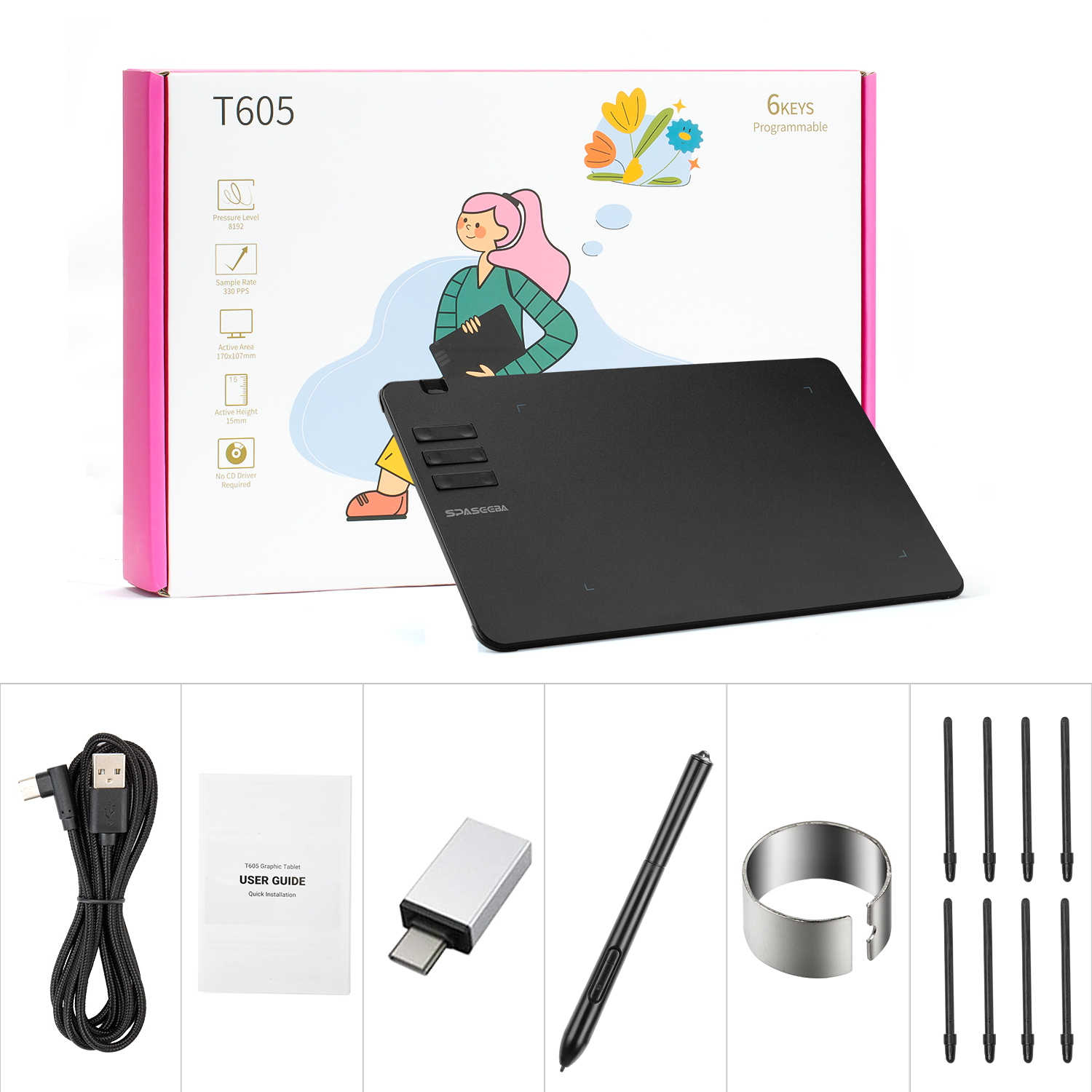 SPASEEBA T605 Tablet graficzny do rysowania / malowania / gier OSU, ultracienki tablet graficzny z rysikiem cyfrowym o poziomach 8192