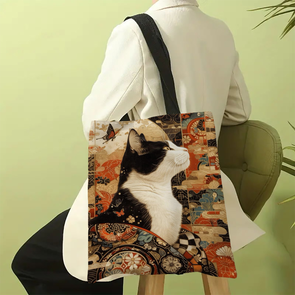 Sac fourre-tout classique chat noir et blanc avec imprimé chat, sac de plage de Shopping à bandoulière réutilisable pour femmes, sac de transport décontracté Durable: GRIS