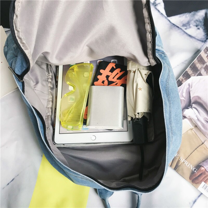 Mochila de mezclilla lavada para mujer, morral con múltiples bolsillos, bolso escolar para estudiantes, mochila informal de gran capacidad para mujer