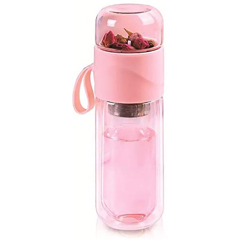 Double Wall Gl Tea Bottle Cup with Infuser Portable Tea Infuser Gl Tea Strainer Leak-Proof Gl 390Ml: Pink