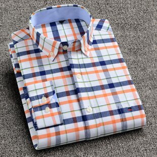 Herreskjorte 100%  bomull pluss størrelse 6xl 7xl 8xl for store menn 125kg uformelle pledd oransje asiatisk størrelse scc 205: 6xl(108kg-115kg)