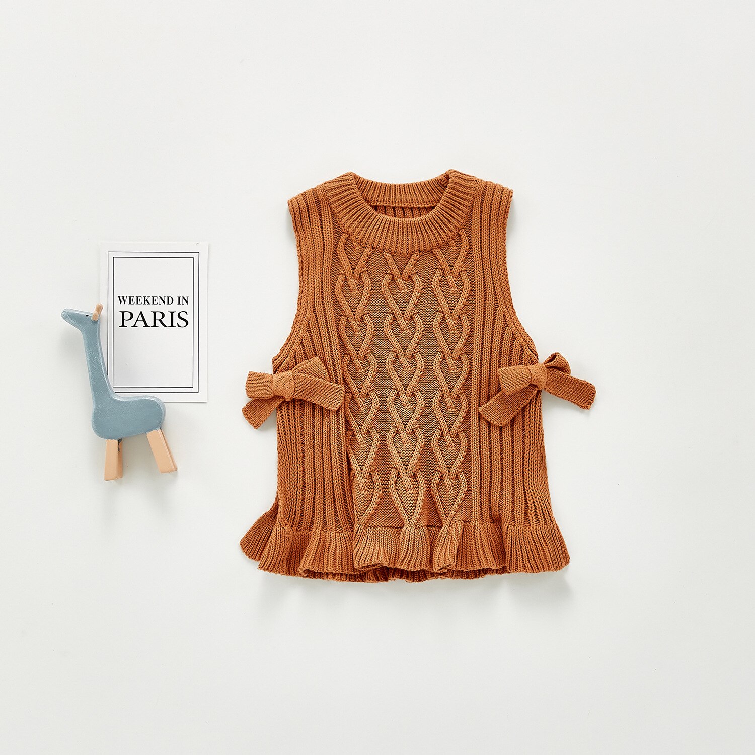 Herfst Kinderen Vesten Baby Meisjes Mouwloze Trui Meisjes Gebreide Vest Ruche Boog Baby Meisjes Bovenkleding: 203T12brown / 9m