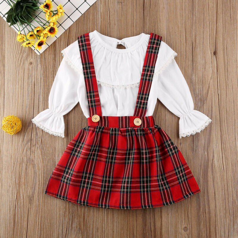 Christmas Newborn Kids Baby Girls Clothes Ruffle Top Plaid Strap Skirt Outfit