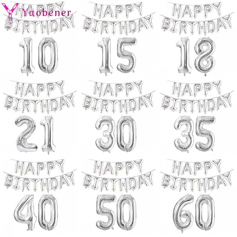 Globos plateados de aluminio con números de 32 pulgadas, 10 11 12 13 16 18 25 30 35 40 50 60 años, decoraciones para de feliz cumpleaños, adultos, niños, niños y niñas