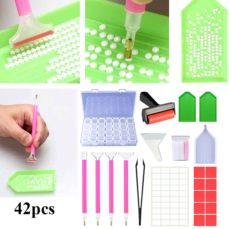 42pcs 5D Diamond Painting Tools Kits Diamond Embroidery Accessories Sets Roller Pen Clay Tray Stylo Sticker Storage Box Set