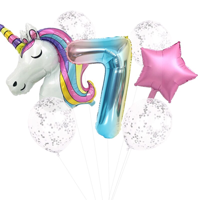 7 st regnbåge unicorn party ballonger unicorn födelsedagsdekoration nummer ballong barn födelsedagsfest dekoration för tjejer: 7 enhörning
