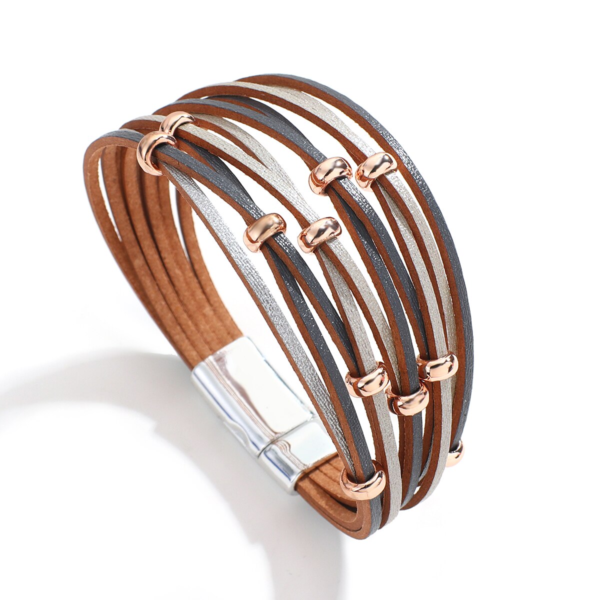 Allyes simples boho cruz buraco líquido contas de metal ampla envoltório pulseiras para mulheres multicamadas pulseira de couro feminino jóias presentes: Gray