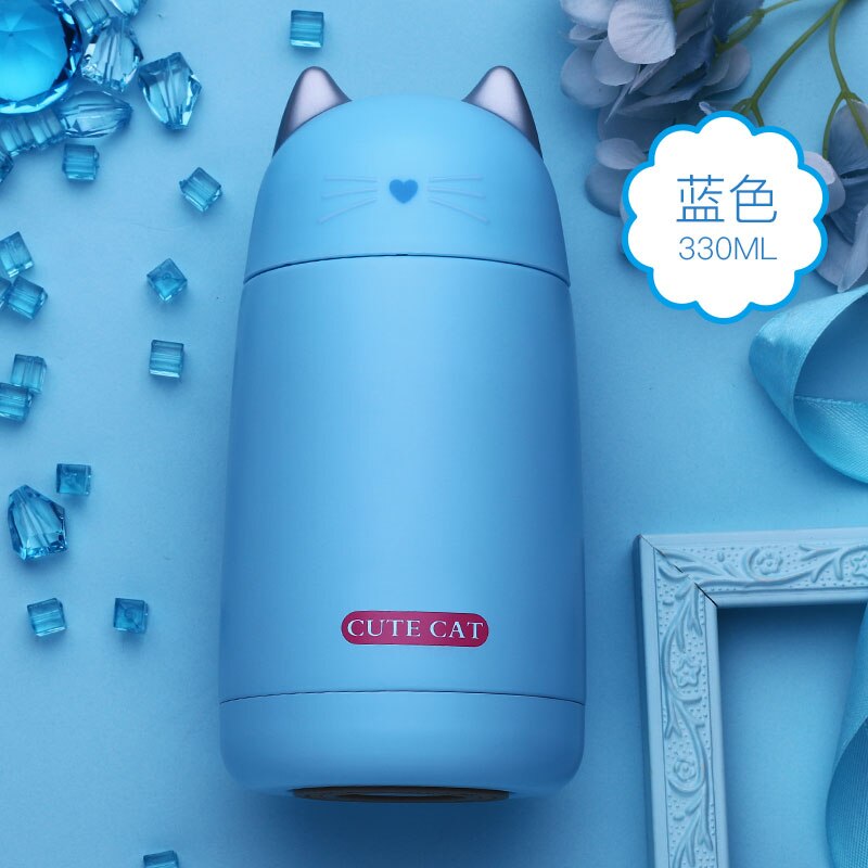 JOUDOO 330ml Thermos Cup Cartoon Cat Thermo Mug Drinkware Water Bottle Stainless Steel Vacuum Flask Leak-proof Tumbler 35: Blue