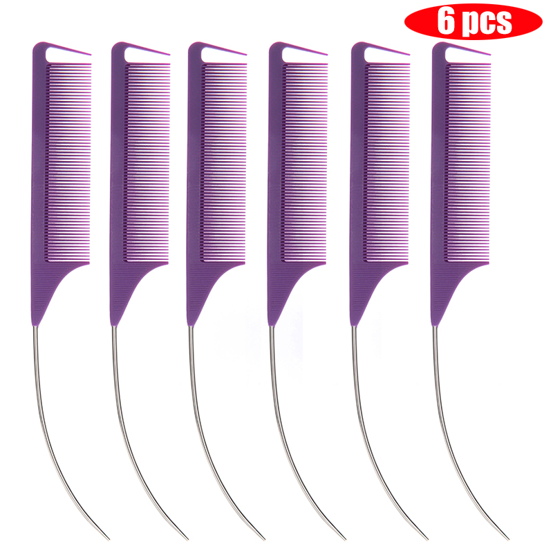 Peine de cola curvada puntiaguda para estilismo del cabello, Color caramelo , para partición de peluca, tinte para el cabello trenzado y herramienta para el cabello, 6 uds.: Azul