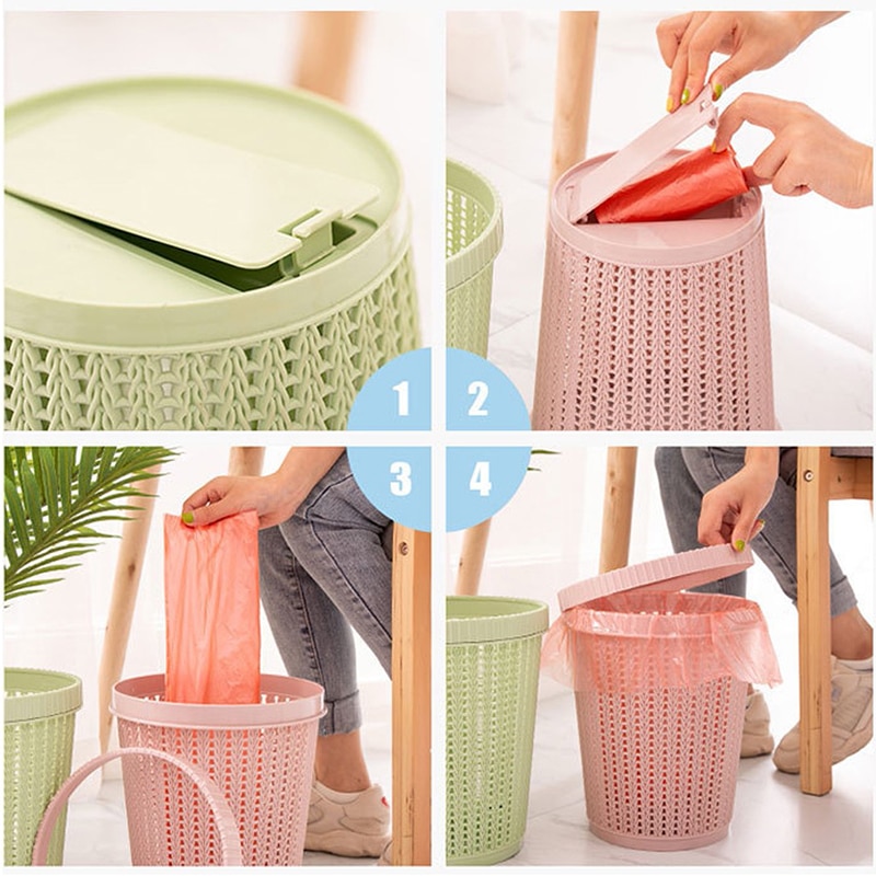 Cubo de basura de plástico sin tapa para el hogar y la Oficina, cesta de almacenamiento redonda de ratán, para sala de estar, dormitorio, papelera, Herramientas de limpieza