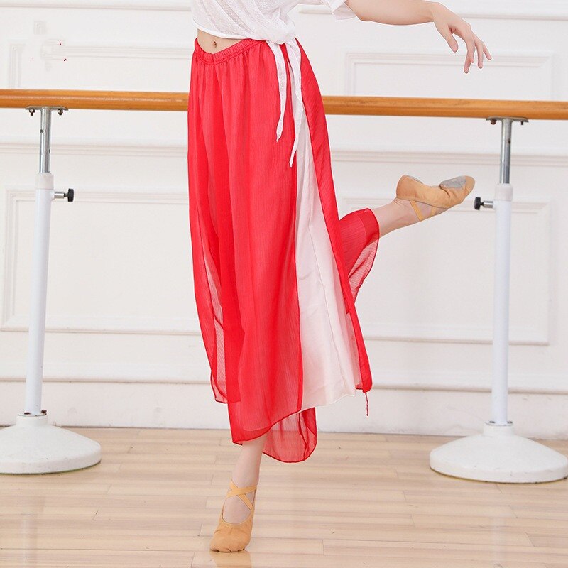 Pantalon Long léger avec fente latérale pour femme, sarouel ample à deux couches, couleur contrastée, tenue d'entraînement pour danseuse, rouge-blanc