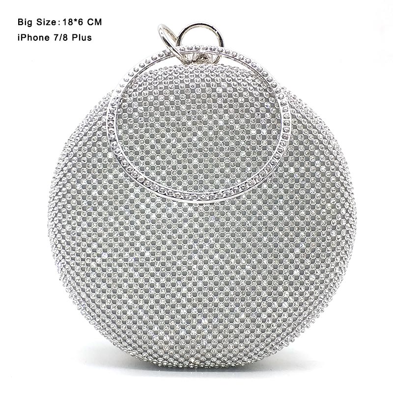 Crystal bag simple bridal wedding purse shining cross body bag women evening party crystal shoulder bag diamond circle round bag: Big Silver