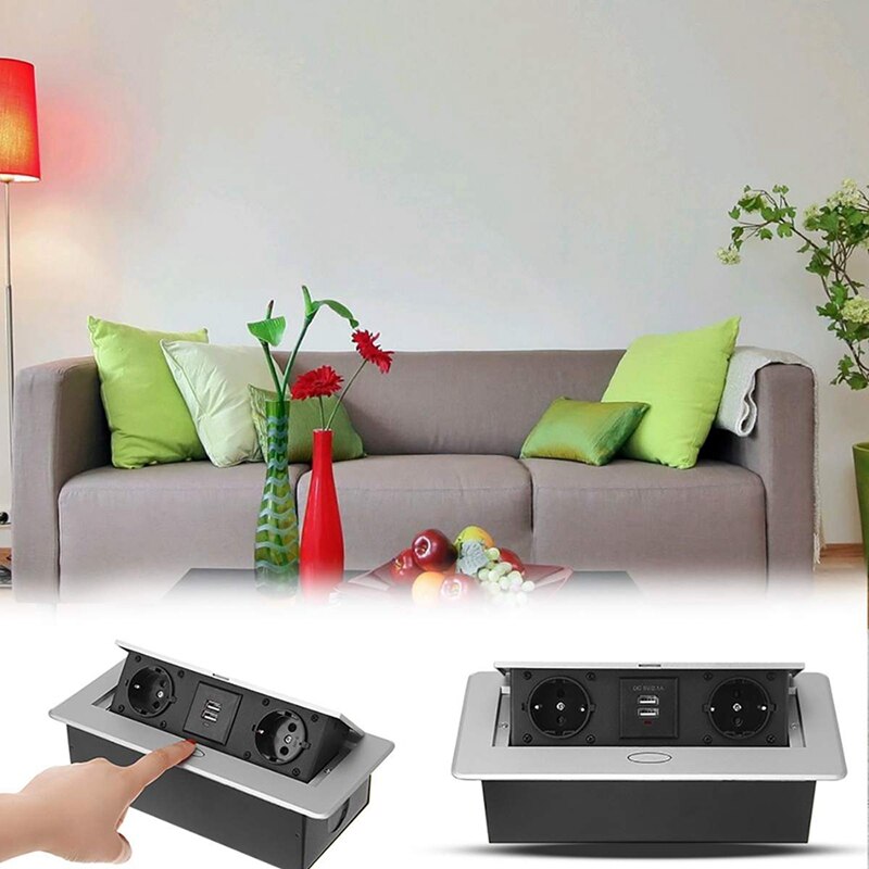 Multifunctional Desktop -Up Socket Aluminum Alloy Dual USB Charging Port Desktop Desktop Socket EU Plug