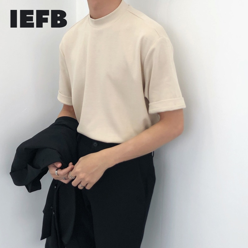 IEFB / men&#39;s wear 2022 summer Solid Color Turtleneck Short Sleeve Tee for men and women korean style casual tops 9Y969