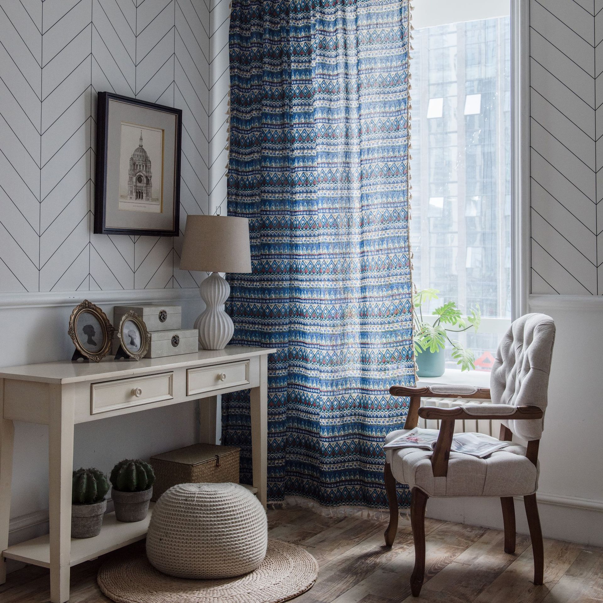 Geometric Finished Printing Blue Bohemian Curtain Cotto- Linen Curtain Semi-shading Bay Blackout Window Bedroom Living Room