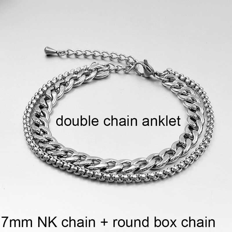 Tobillera de acero inoxidable para hombre y mujer, pulsera de tobillo para la playa, cadena para la pierna, Color plateado,: 7mm NK Double Chain