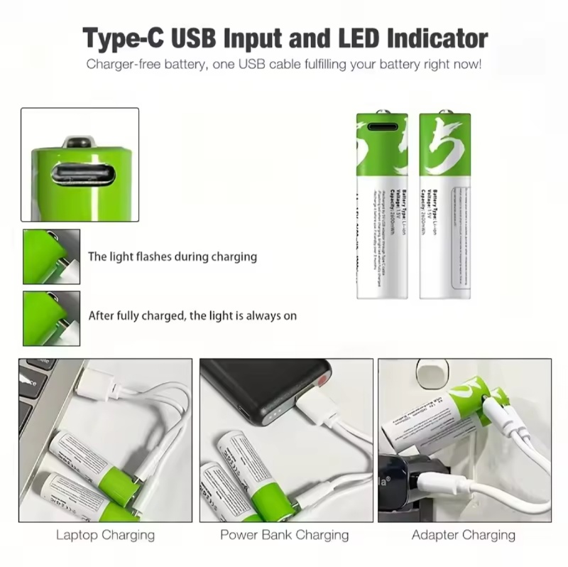 1,5 V Aa/Aaa lithiumbatterij Type-C snel opladen 9900 mAh + 6800 mAh hoge capaciteit groen en wit milieuvriendelijk twee kleuren geschikt voor afstandsbediening/speelgoed/camera/muis (2+2 secties)
