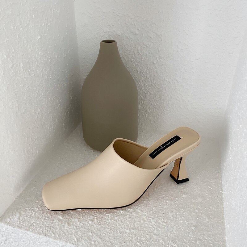 Mules à bout carré pour femmes, chaussures à talons, couleurs unies, hautes (5cm-8cm), collection chaussons pour femmes